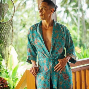 Silk Kimono Robe - Floral Batik Print, Mens Loungewear with Belt