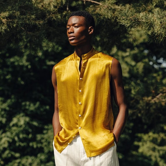 gold color dress shirt Dark Brown Dress Shirt with Gold Collar and Cuffs – YVDdesign main image 0