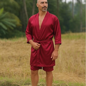 Silk Kimono Robe with Belt & Pockets