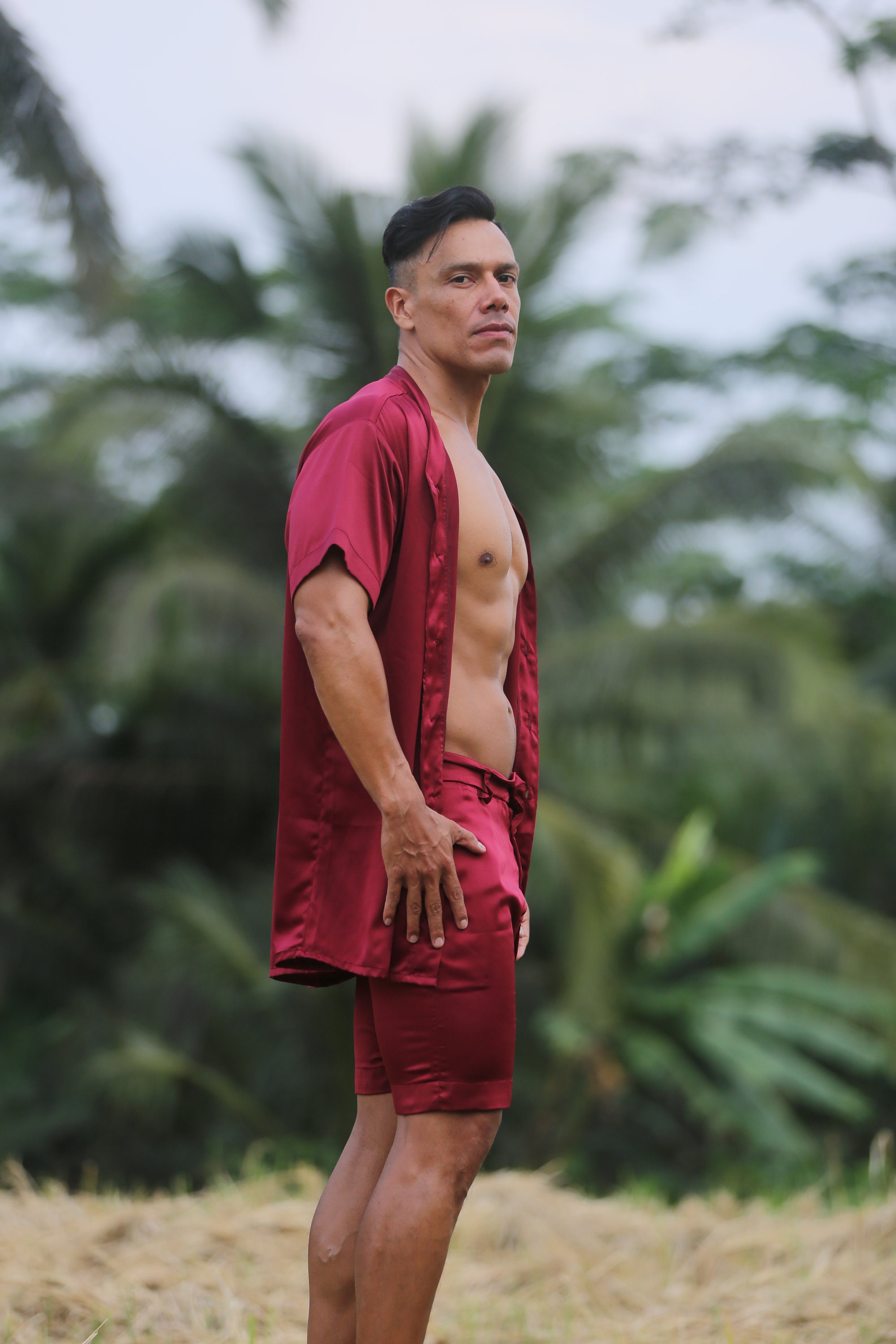 Burgundy Silk Shirt for Men: Short Sleeve Button-Up