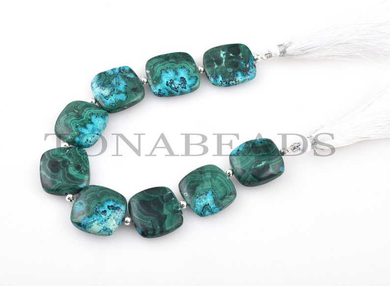 9Psc Natural Azurite Malachite Smooth Square Shape Beads-Azurite Malachite Bead-Azurite Malachite Square Shape Beads-Azurite Malachite Beads