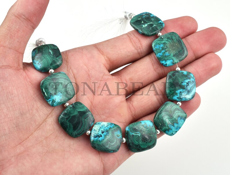 9Psc Natural Azurite Malachite Smooth Square Shape Beads-Azurite Malachite Bead-Azurite Malachite Square Shape Beads-Azurite Malachite Beads