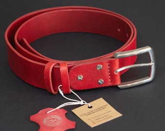 Handgemaakte rode leren riem – roestvrijstalen gesp, 4 cm breed