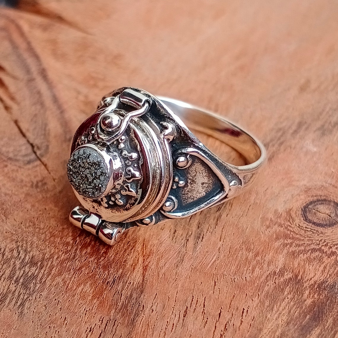 Grey Druzy Poison Ring 925 Sterling Silver White Druzy Etsy
