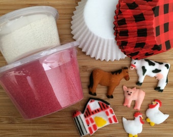 FARM Theme Birthday Cupcake Decorating DIY Baking Activity Kit - Red & Black Buffalo Plaid Liners Sugar Animals Cow Horse Pig Chicken Barn