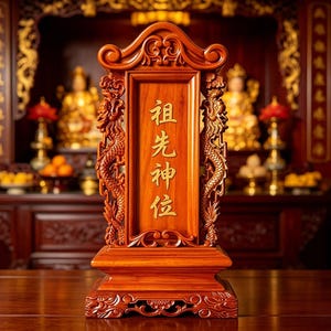 Könnte beinhalten: Holztafel mit goldfarbener Schrift, die den Text "祖先神位" trägt. Die Tafel ist mit kunstvollen Drachenschnitzereien umrahmt und steht auf einem dekorativen Sockel. Der Hintergrund zeigt einen traditionellen Altar mit goldenen Statuen und Blumengestecken.