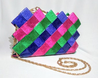 Green, Pink, Blue Striped Handbag,  Metallic Purse, Women's Wallet,  Nahui Ollin Bag, Candy Wrapper Purse, Shoulder Bag, Cross Bag