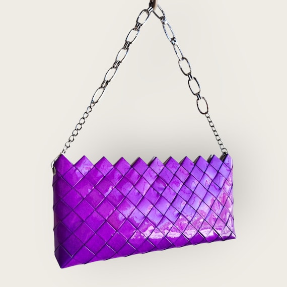 Purple Metallic Crochet Clutch Bag, Handmade Evening Pouch  Purple Woven Clutch Bag main image 1
