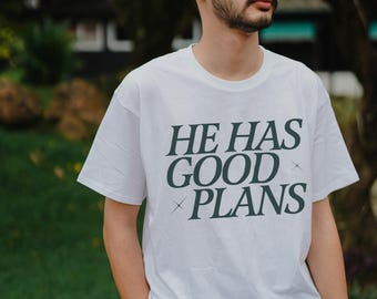 Diseño de camiseta "Él tiene buenos planes" / PNG cristiano / Versículo bíblico Jeremías 29:11 / Gráfico para camiseta con temática religiosa