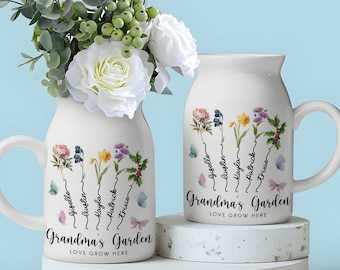 Vase de fleurs de jardin de grand-mère personnalisé, vase de fleurs de fleur de naissance personnalisé, cadeau de fête des mères, cadeau pour grand-mère, cadeau de fête des mères.
