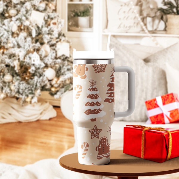 Gingerbread Cookies Tumbler 40oz With Handle, Christmas 40oz Tumbler, 40oz Stainless Steel Tumbler With Lid and Straw, Christmas Tumbler