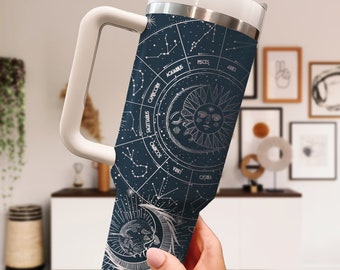 Zodiac Laser Engraved Moon Phase Tumbler 40oz with Handle, Tumbler Lid and Straw, Astrology Drinkware, Lunar Motif, Vintage-Inspired