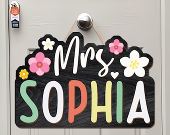 Percha de puerta personalizada para profesor, letrero con el nombre del profesor en arcoíris para puerta, regalo personalizado para profesor, regalo personalizado de agradecimiento para profesor, letrero de madera para profesor.