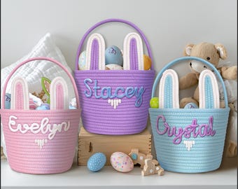 Personalized Easter Crochet Bunny Basket, Custom Name Baby Easter Basket, Easter Gift Basket for Kid Toddler, Bunny Ear Rope Basket