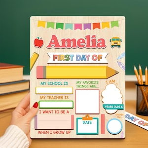 Letrero personalizado para el primer día de clases, letrero de regreso a clases, letrero reutilizable para el primer día de clases de jardín de infantes, letrero personalizado para el primer día de clases.