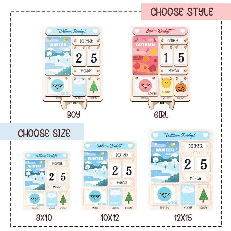 May include: A customizable wooden calendar with a choice of three themes: winter, autumn, and summer. The calendar features a personalized name, month, date, and day of the week. The calendar is available in three sizes: 8x10 inches, 10x12 inches, and 12x15 inches.