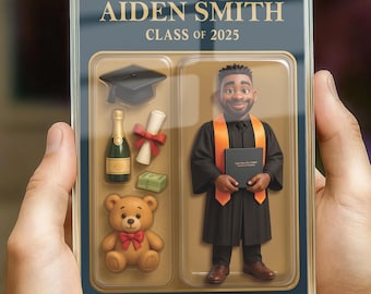 May include: A graduation-themed collectible featuring a figure in a graduation gown, a mortarboard, a teddy bear, a champagne bottle, a diploma, and cash. The text "AIDEN SMITH CLASS OF 2025" is displayed at the top.