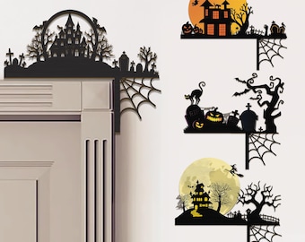 Houten bord houten deur hoek deur, spinnenweb maan en vleermuizen hoek decor, open haard decor, Halloween cadeau voor familie, spookachtig cadeau.
