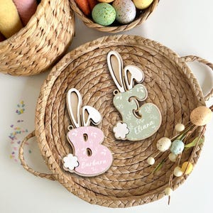 Osterhase Namensschild, benutzerdefinierte 3D Holzbuchstaben Tag, Frühlingskorb Namen Charm für Kinder, niedlicher Hase, Geschenk für Kind, Osterkarte.