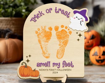 Halloween-Geist-Fußabdruck-Handabdruck-Kunstzeichen, Süßes oder Saures, mein kleines Boo-Zeichen, Babys erstes Halloween-Fußabdruck-Andenken, hölzernes Kinderhandwerk