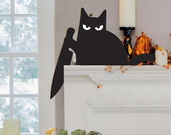 Funny Black Cat Decor Sign, Cat With Knife Door Corner, Door Frame Decor, Halloween Door Corner Wood Sign, Cat Door Topper, Halloween Gifts