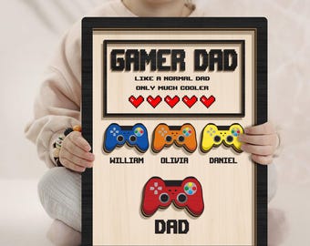 Personalized Dad Wooden Plaque, Custom Kid's Names Gamer Wooden Sign, Gaming Hand Play Wood Sign, Father's Day Gift for Dad, Grandpa's Gifts