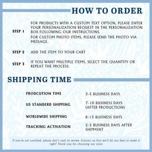 May include: A blue and white graphic with instructions on how to order and shipping times. The text includes steps for personalization, adding items to a cart, and selecting quantities. Shipping times are listed for production, US standard, worldwide, and tracking.