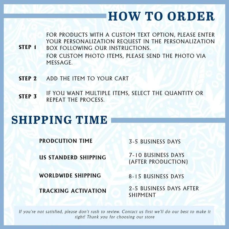 May include: A blue and white graphic with instructions on how to order and shipping times. The text includes steps for personalization, adding items to a cart, and selecting quantities. Shipping times are listed for production, US standard, worldwide, and tracking.