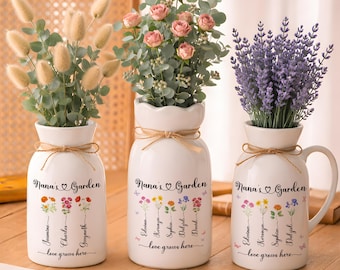 Jarrón de flores personalizado para el nacimiento de la abuela: Jarrón de cerámica personalizado del jardín de la abuela, regalo para el Día de la Madre.