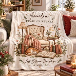May include: A cream-colored fleece throw blanket featuring a printed illustration of an armchair, a sleeping orange tabby cat, stacks of books, and floral accents. The text reads Amelia READING RETREAT and Lost Between The Pages.