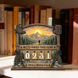 May include: Wooden hiking log with a mountain scene, a hiker silhouette, and the text "MILES HIKED THIS YEAR". The counter reads 0231. Includes a hiking boot, backpack, and trekking poles. The text "Olivia's Hiking Log" is at the bottom.