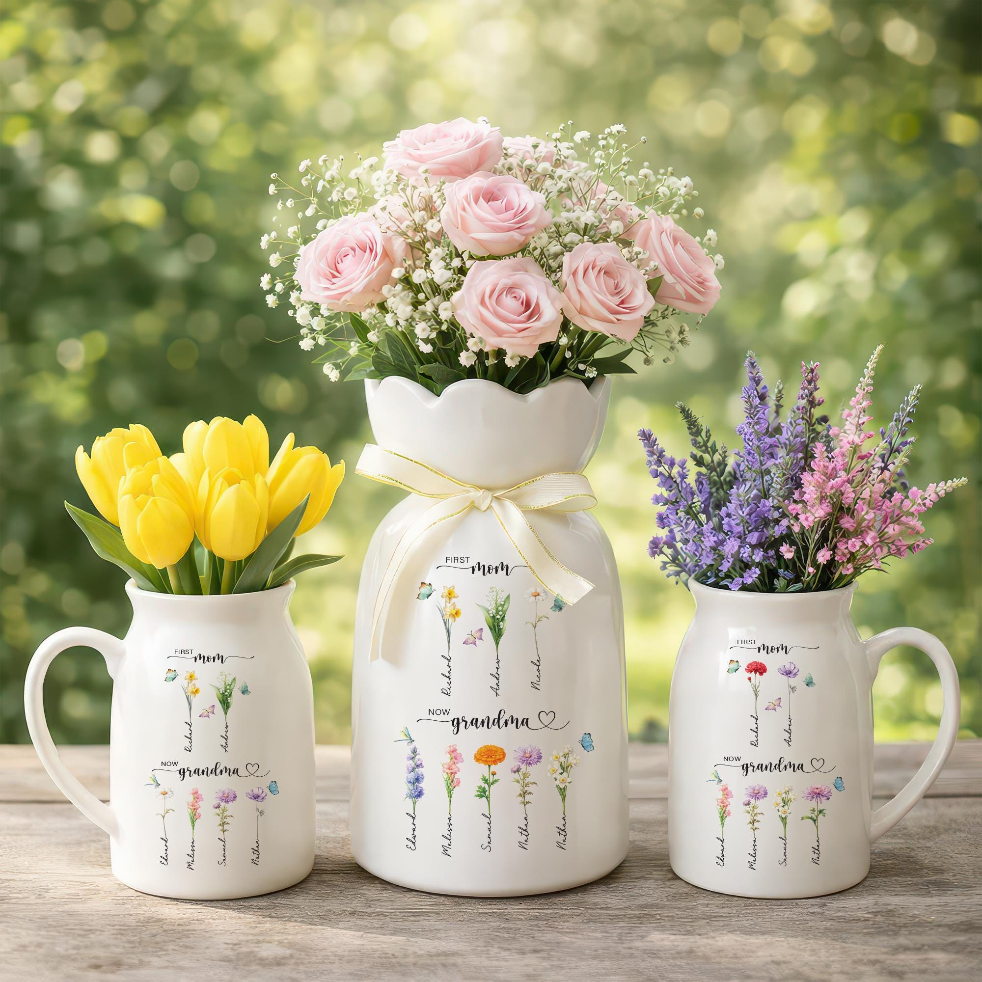 Personalized First Mom Now Grandma Birth Flower Bloom Vase, Custom Name ...