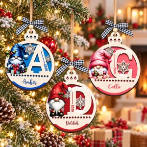 Personalized Gnomes Christmas Ornament, Wooden custom name tags, Letter Name Ornament, Custom Gnome Family ornament Gift, Xmas Gift For Kids