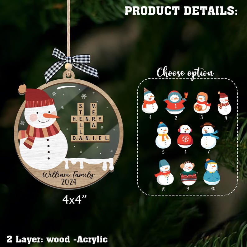 Personalized Snowman Scrabble Christmas Ornaments, Family Name
