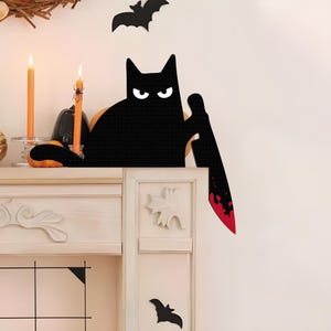 Funny Black Cat With Knife Door Corner, Cat Decor Sign, Door Frame Decor, Halloween Door Corner Wood Sign, Cat Door Topper, Halloween Gifts