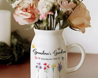 Personalized Grandma's Garden Vase, Mothers Day Gifts for Nana, Nanny, Garden Flower Vase, Custom Birth Flower Vase, Family Name Flower