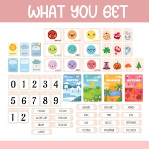 May include: A set of colorful flashcards with various images and words. The flashcards include images of weather, emotions, numbers, seasons, days of the week, and months of the year. The words on the flashcards are in English.