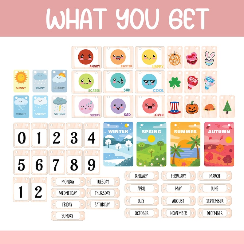 May include: A set of colorful flashcards with various images and words. The flashcards include images of weather, emotions, numbers, seasons, days of the week, and months of the year. The words on the flashcards are in English.