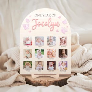 Meu primeiro ano, um ano de quadro de fotos, quadro de marcos de madeira, quadro de marcos de 1º aniversário, decorações de primeiro aniversário, banner de fotos de 12 meses.