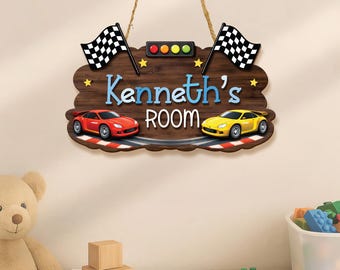 Personalisiertes Kinderzimmer-Türschild mit individuellem Namen - Rennauto-Wanddeko
