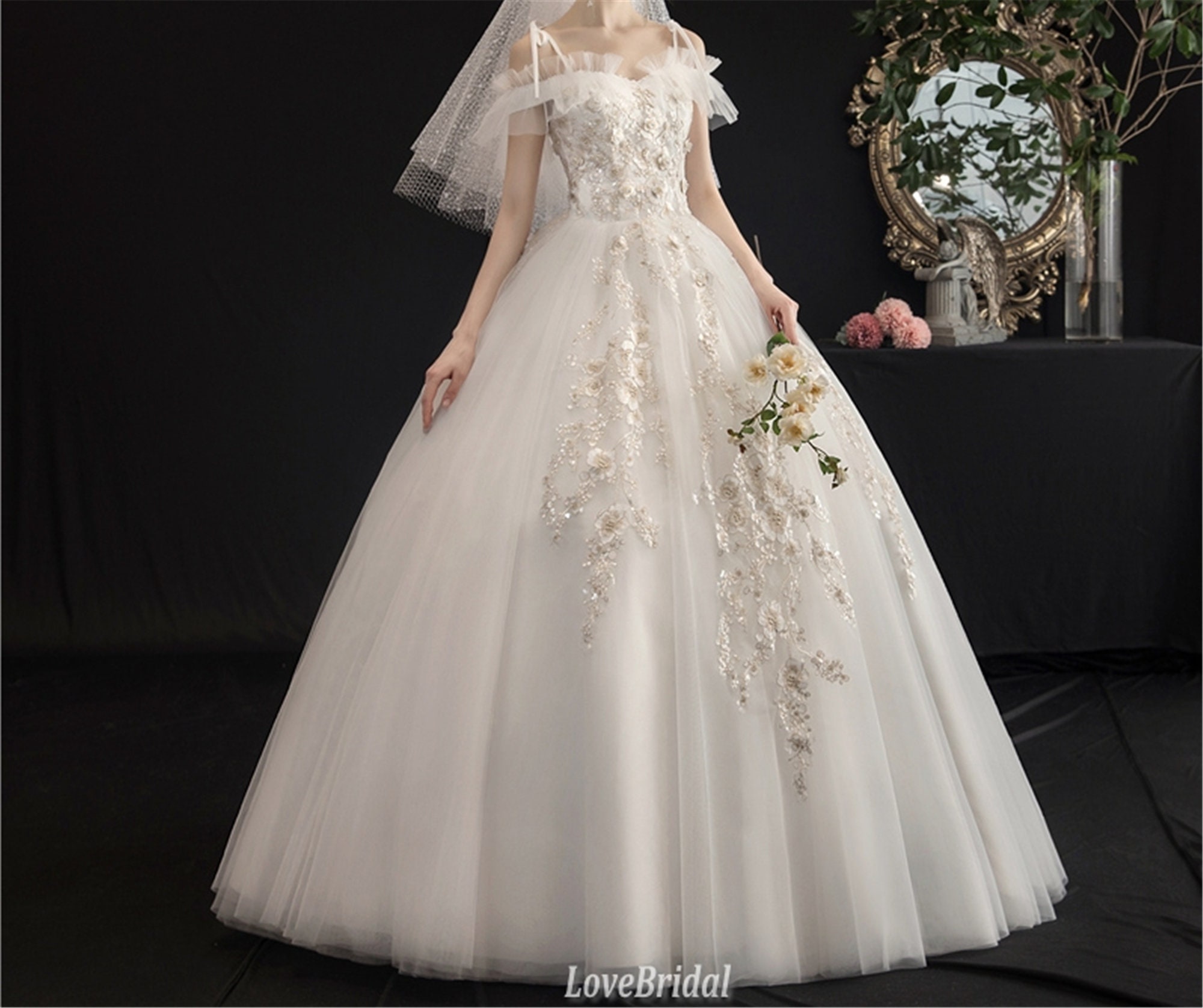 Spaghetti Straps wedding dress long Floral off shoulder Etsy