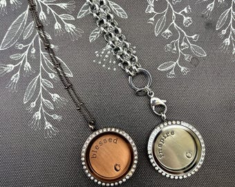 Origami Owl Dark Chocolate Rhinestone Locket Combo, Round Pendant, Message Charms