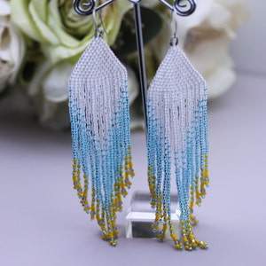 Long Fringe Earrings-Beaded Long Earrings-Ombre Earrings-Seed Bead Fringe Earrings-Dangle Earrings-Chandelier Earrings-Boho Earrings