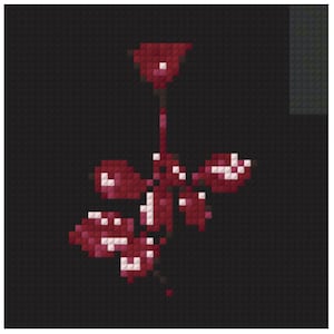 May include: A pixelated illustration of a red flower with a dark background. The flower has a long stem and several petals with white highlights. The image is composed of small, square pixels.