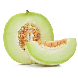 May include: A green cantaloupe melon cut in half, showing the light green flesh and brown seeds. A slice of the melon is also shown, with the seeds visible.