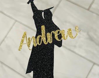 Custom Name Graduation Cake Topper: Gold Glitter Cardstock