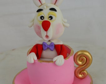 White Rabbit in Cup Fondant Topper, White Rabbit Cake Topper, Fondant Tea Cup Cake Topper, Alice in wonderland Cake topper