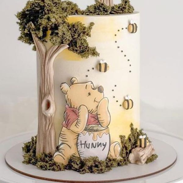 Imagen comestible clásica de Winnie the Pooh para pastel con abejorros.