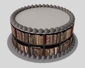 May include: A round cake decorated with gray frosting and a bookshelf design featuring rows of vintage books.