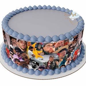 May include: A round cake with blue frosting and a photo collage of a group of men on the side. The photo collage features a variety of images, including close-ups of the men's faces, full-body shots, and images of the men in different settings.